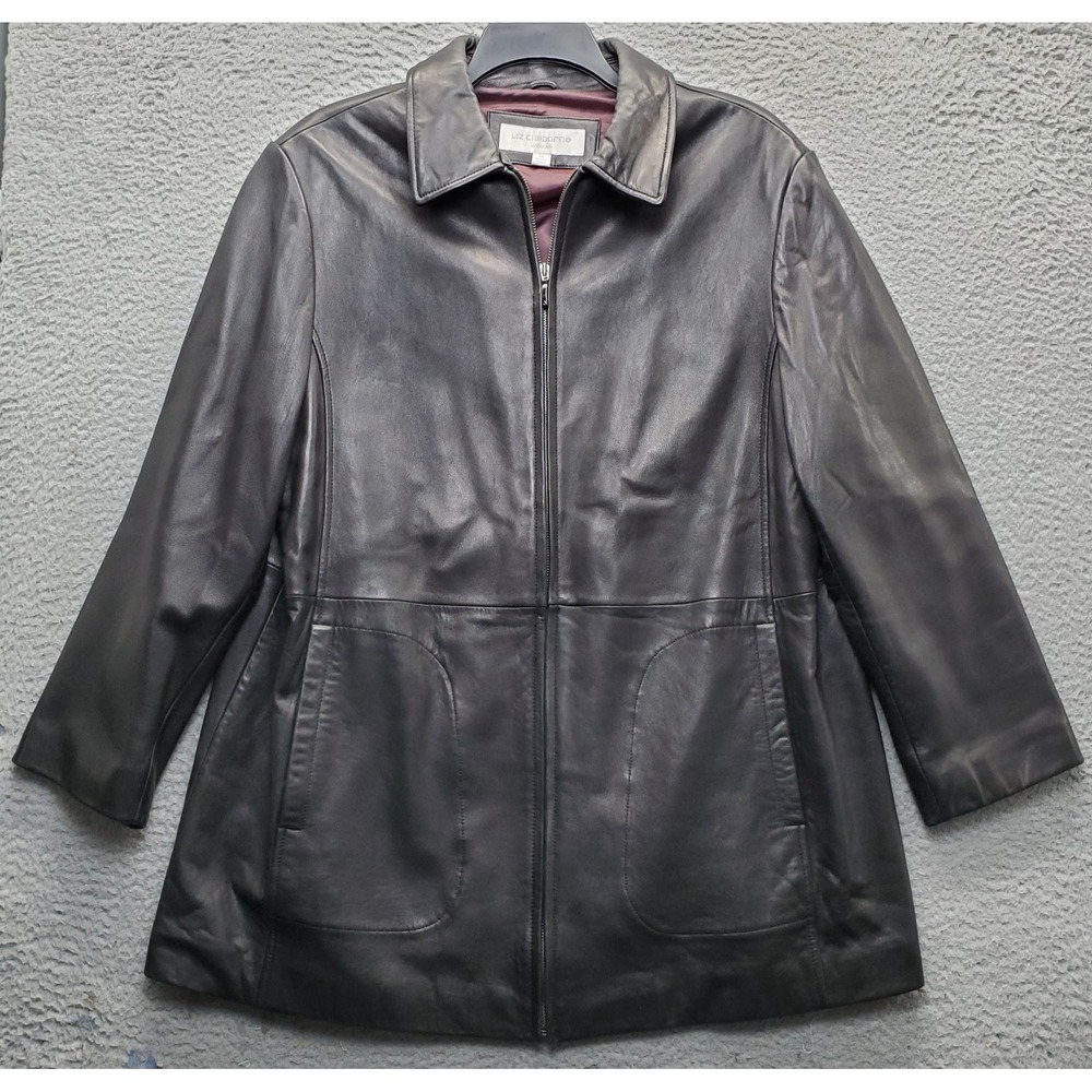 Vintage Liz Claiborne Long Jacket Womens 1X Black Leather Long Sleeve Zip Up EUC
